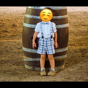 Janie & Jack boys plaid shorts, suspenders, bow tie